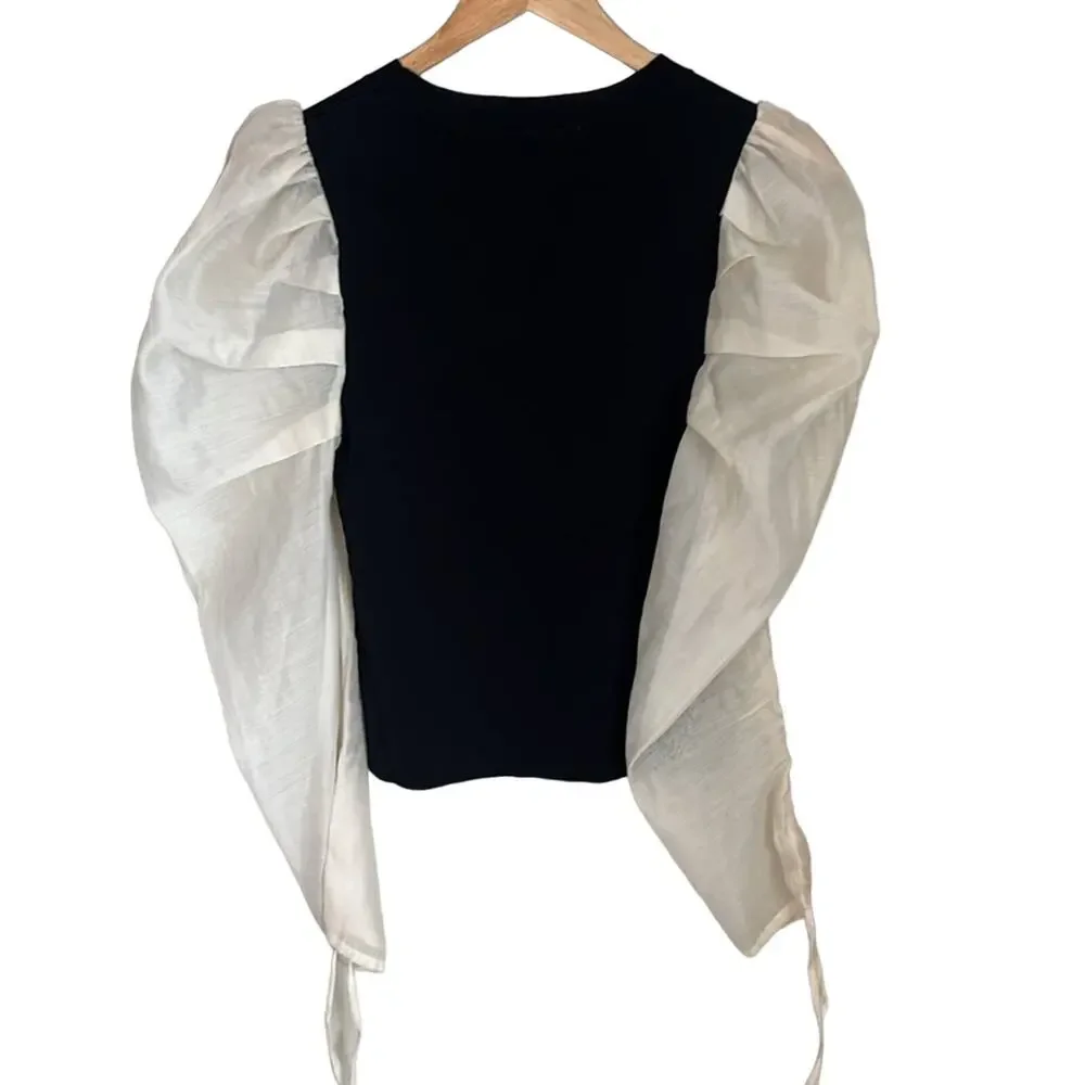 Zara Black Top with Ivory Puff Organza Sleeves